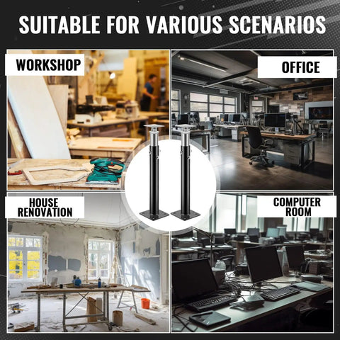 Two Pack Adjustable Floor Jacks For Leveling in workshop, office, house renovation, and computer room scenarios displayed.