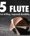 Close-up of a five-flute tip from Six Piece M35 Cobalt Countersink Drill Bit Set For Metal And Wood With Case 82 Degree.
