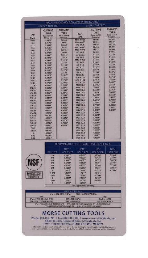Straight Up Handy Plastic Pocket Reference Charts Three Pack Machinist Go To Guide with tapping size recommendations.