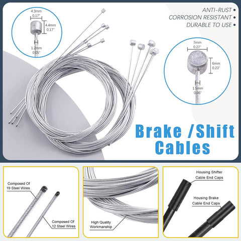 DIY Ready Pro Grade Bicycle Repair Kit with 6 Brake Cables, Shift Cables, and End Caps shown with detailed specifications.