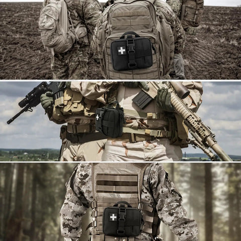 Military personnel with Tactical EMT Pouch Upgrade IFAK Tear Away First Aid Kit Small Belt Molle Medical Organizer attached to gear.