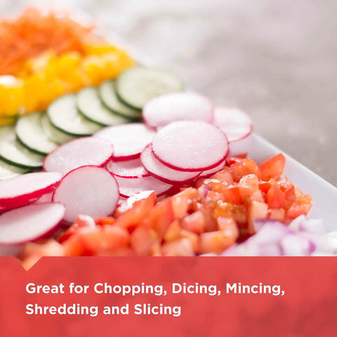 Sliced vegetables next to 8 Cup Food Processor With Pusher And Food Chute, Big Work Bowl For Easy Slicing And Shredding, Dishwasher Safe Removable Parts
