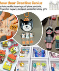 Shrink Paper Kit For Kids Complete Craft Set With 150 Pcs Sheets 130 Pcs Keychains And 100 Open Irons shown with various DIY creations.