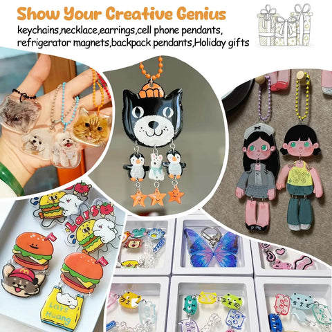 Shrink Paper Kit For Kids Complete Craft Set With 150 Pcs Sheets 130 Pcs Keychains And 100 Open Irons shown with various DIY creations.