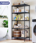 Five Tier Adjustable Narrow Storage Shelves For Kitchen, Heavy Duty Metal Rack With 1010 Lbs Load Capacity, Anti-Wobble Stability, Durable Pantry Organizer For Cabinets And Countertop Organization, Space Saver in bathroom with towels and bottles