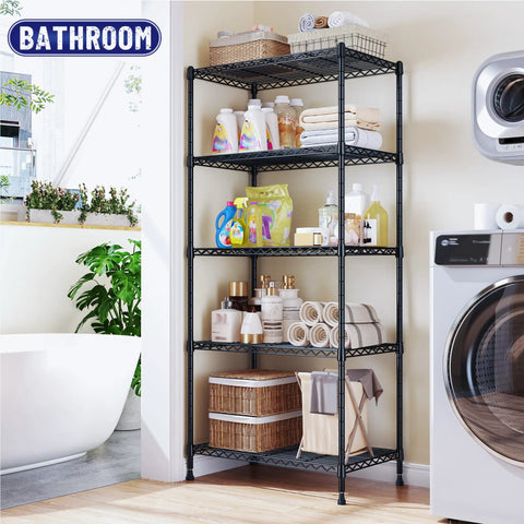 Five Tier Adjustable Narrow Storage Shelves For Kitchen, Heavy Duty Metal Rack With 1010 Lbs Load Capacity, Anti-Wobble Stability, Durable Pantry Organizer For Cabinets And Countertop Organization, Space Saver in bathroom with towels and bottles