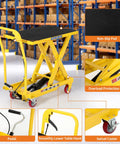 GarveeTech yellow hydraulic lift table cart with black non-slip pad and wheels