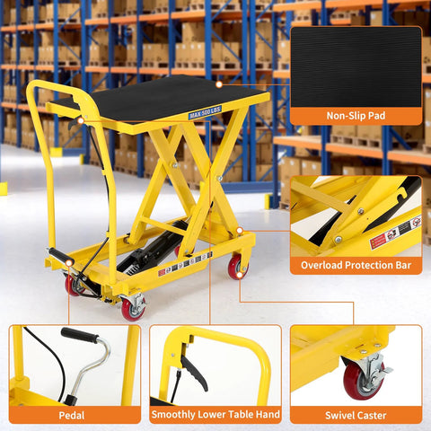 GarveeTech yellow hydraulic lift table cart with black non-slip pad and wheels
