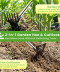 2-In-1 Garden Hoe And Weed Puller Tool With Long Handle For Lawn And Garden, Heavy Duty Manual Weeding Rake With 57 Inch Reach, 6-Tine Weeder in use.