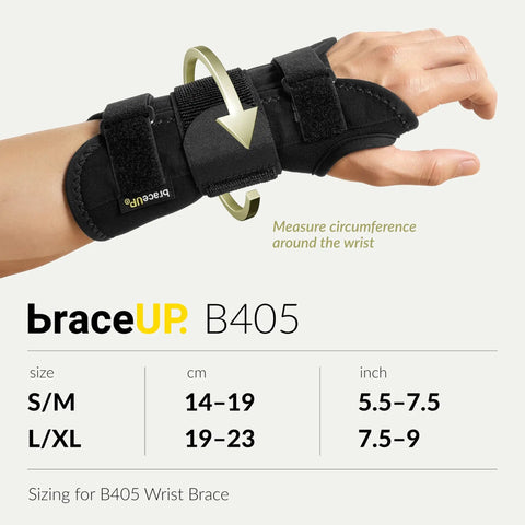 Carpal Tunnel Wrist Brace For Women And Men With Metal Wrist Splint For Hand Support And Pain Relief From Arthritis Tendonitis And Sprains Ideal For Typing And Gaming Right Hand Available In Small Medium And Large Extra Large shown on hand with sizing chart