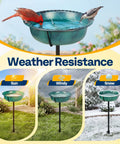 Outdoor Bird Bath With Ground Stake, Weather Resistant ABS Bowl, 13 Inch Diameter, 1.45 Gallon Capacity, Green Finish