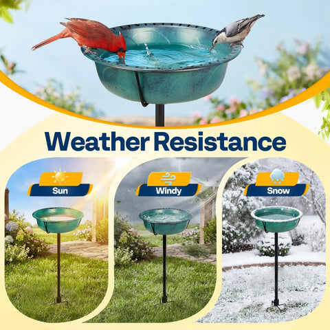 Outdoor Bird Bath With Ground Stake, Weather Resistant ABS Bowl, 13 Inch Diameter, 1.45 Gallon Capacity, Green Finish