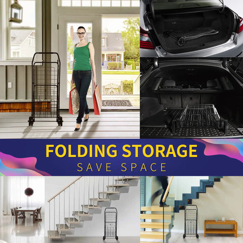 Collage of folding shopping cart with 200 lb capacity in various locations, highlighting portability and storage efficiency.