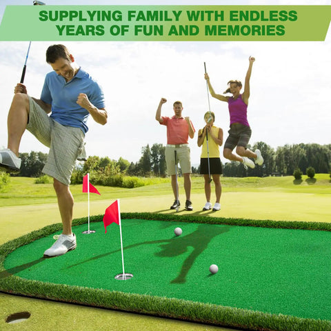 People enjoying Heavy Duty 5x10ft Golf Putting Green Training Mat With Realistic Turf Arc Shaped Indoor Outdoor Putting Green