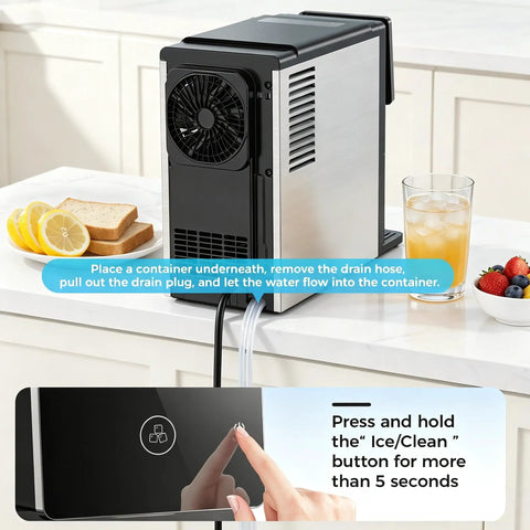 Smooth Operator Countertop Nugget Ice Maker With Snap Pour Auto Dispenser 33 Lbs showing drain hose and cleaning instructions.