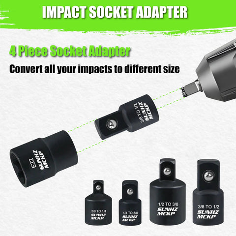 4-piece impact socket adapter set converting different drive sizes, including 1/2 to 3/8 and 3/8 to 1/4