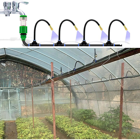 Greenhouse Drip Irrigation Kit With 20 Brass 360 Degree Adjustable Nozzles in use over raised garden beds in greenhouse