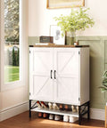 Farmhouse Style Shoe Cabinet With Two Barn Doors, 32 Inch Antique White Storage Organizer For Entryway; shoes stored below