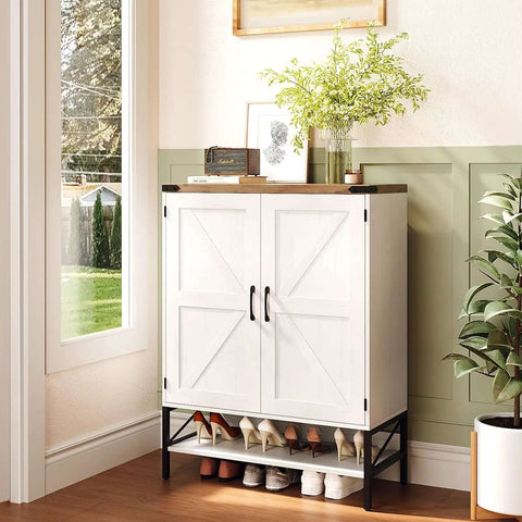 Farmhouse Style Shoe Cabinet With Two Barn Doors, 32 Inch Antique White Storage Organizer For Entryway; shoes stored below