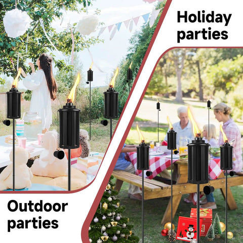 Citronella Outdoor Torches Set of 6 with 16 Ounce Fuel, 58 Inch Black Garden Lanterns on a Sturdy 3 Prong Ground Stake at parties