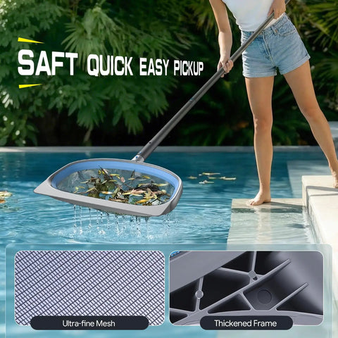 Person using 4 in 1 Deluxe Pool Cleaning Kit with heavy duty deep leaf skimmer net and extendable aluminum pole for pool cleaning.