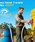 Diesel Transfer Pump Kit Cordless 12 GPM Battery Powered With Auto Stop Nozzle 4Ah Battery Two Hoses And Filter On The Go Fueling For Diesel Kerosene Farm Boat Home, man fueling tractor