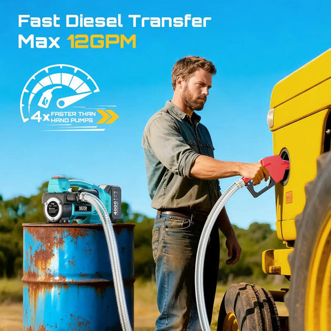 Diesel Transfer Pump Kit Cordless 12 GPM Battery Powered With Auto Stop Nozzle 4Ah Battery Two Hoses And Filter On The Go Fueling For Diesel Kerosene Farm Boat Home, man fueling tractor
