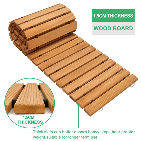 8 Ft Cedar Garden Pathway Roll Out Walkway for Patio and Beach Events, weather-resistant wooden boardwalk path, shown in detail.