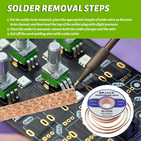 Desoldering Wick Braided Wire 2.5mm x 3.0m Pure Copper Tin No Clean Solder Braid Pack Of 3 used on PCB for electronics repair