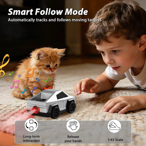 Young boy watching Cyber Inspired Remote Control Car With 360 Drift Spray Lights And Sound Effects following a kitten indoors.