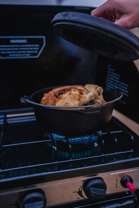 Pre Seasoned 2 Qt Cast Iron Dutch Oven With Flat Bottom For Stovetop And Campfire Use cooks chicken on stove