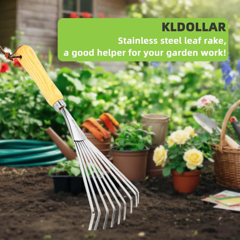 Stainless Steel Hand Rake With Ergonomic Handle For Gardening in flower bed, ideal for soil loosening and yard cleanup.