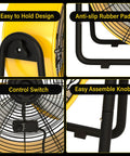 Close-up features of Beefy Heavy Duty 42 Inch Industrial Drum Fan with dual speed control and anti-slip rubber pads.