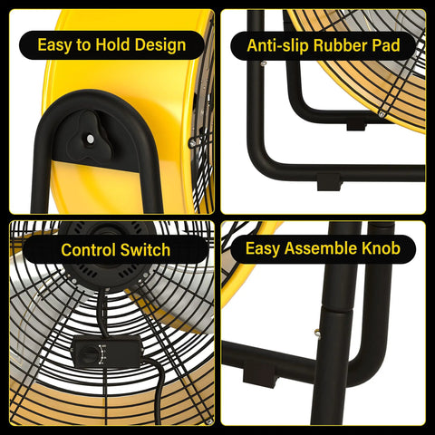 Close-up features of Beefy Heavy Duty 42 Inch Industrial Drum Fan with dual speed control and anti-slip rubber pads.