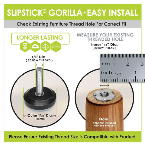 Image showing measurement instructions for Heavy Duty Adjustable Furniture Levelers 8 Pack with threaded hole specifications.