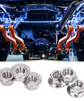 Automotive setup with stainless steel DIN 1587 flange nut set with integrated washer, A2-70 rustproof locking nuts, 50 pieces.