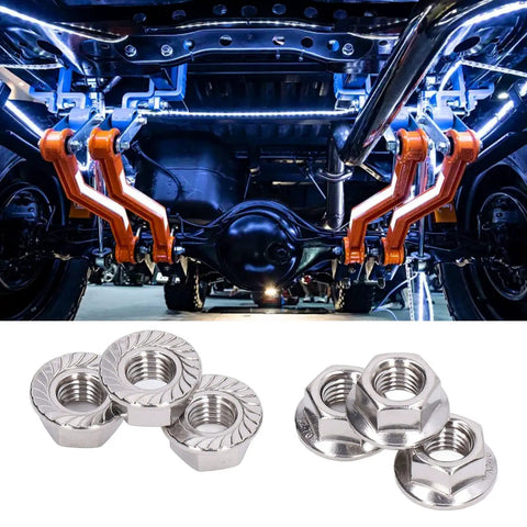 Automotive setup with stainless steel DIN 1587 flange nut set with integrated washer, A2-70 rustproof locking nuts, 50 pieces.