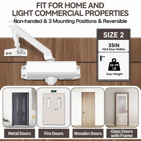 Built Tough Hydraulic Door Closer With Silent Action And Adjustable Speed For Residential Or Light Commercial Entry Doors Supporting 55 to 99 Pounds mounted on a wooden door.
