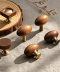 Kick Up Your Home Decor Game With Four Slick Bronze And Walnut Wood Cabinet Knobs Featuring Tight Vintage Style Brass Drawer Pulls For Kitchen And Dresser Cabinets. Three oval and one square knob with walnut and brass.