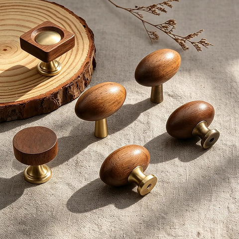 Kick Up Your Home Decor Game With Four Slick Bronze And Walnut Wood Cabinet Knobs Featuring Tight Vintage Style Brass Drawer Pulls For Kitchen And Dresser Cabinets. Three oval and one square knob with walnut and brass.