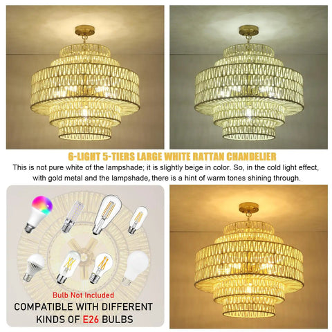 Huge White Rattan Chandelier With 6 Lights Hand Woven 5 Tier Pendant Light for Dining Room, adjustable height, beige-white shade