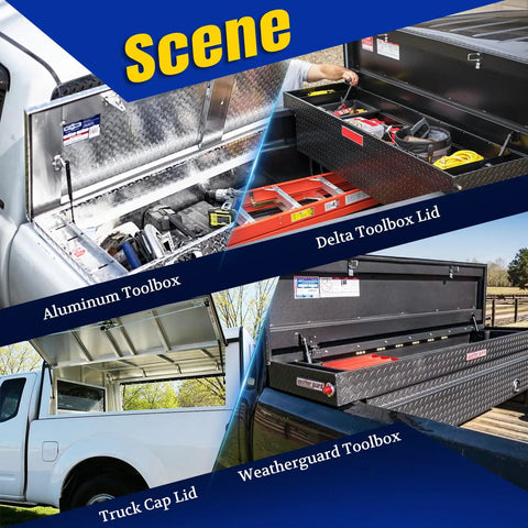 Tough As Nails 100 Lb Pair 12 Inch Gas Struts Smooth Lift Support Swaps Camper Shells Hoods Truck Toppers shown with toolboxes.