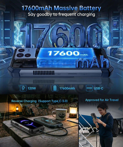 Boss Level Durable Tank 5 5G Esim Unlocked Smartphone Featuring Insane 220 Lumens Built In Projector And Killer 6.73 Inch 3K Amoled Display For Game Changing Android 16 Performance Daily showing 17600mAh battery capacity.
