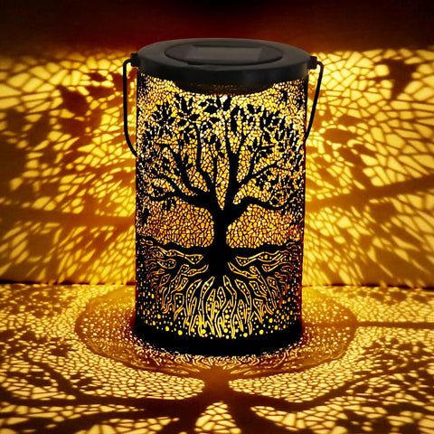 Outdoor Solar Lantern With Waterproof Build Hang Or Stand Light For Balcony Patio And Garden Decor casting tree pattern shadows