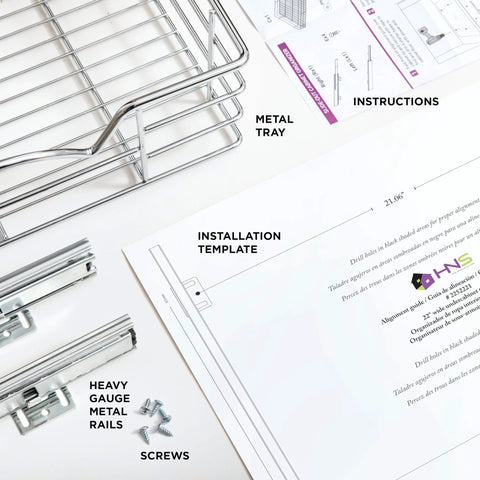 Heavy-Duty Cabinet Organizer With Pull-Out Drawer for Pots and Pans installation kit with metal tray, rails, screws, template, instructions.