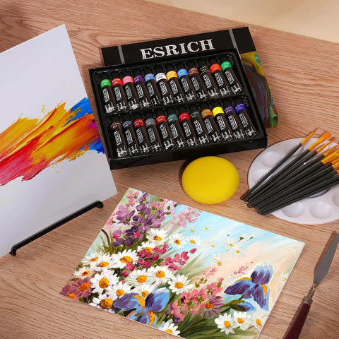 Complete Acrylic Paint Set For Newbies And Pros With 24 Vivid Colors, Two 8x10 Canvas Panels, 10 Brushes, Palette, Knife, Sponges