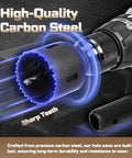 Close-up of carbon steel hole saw with sharp teeth, part of the Door Lock Installation Kit For Wooden Doors With Guide Template And Carbon Steel Hole Saw Set.