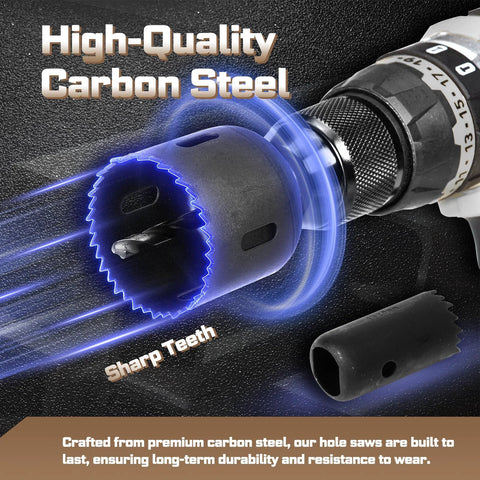 Close-up of carbon steel hole saw with sharp teeth, part of the Door Lock Installation Kit For Wooden Doors With Guide Template And Carbon Steel Hole Saw Set.