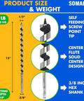 Wood auger drill bit 1/2 in x 12 in with 3/8 in hex shank, self-feeding tip, shown on Somada packaging