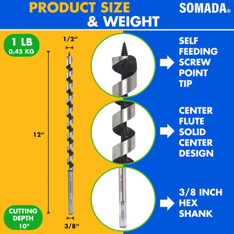 Wood auger drill bit 1/2 in x 12 in with 3/8 in hex shank, self-feeding tip, shown on Somada packaging